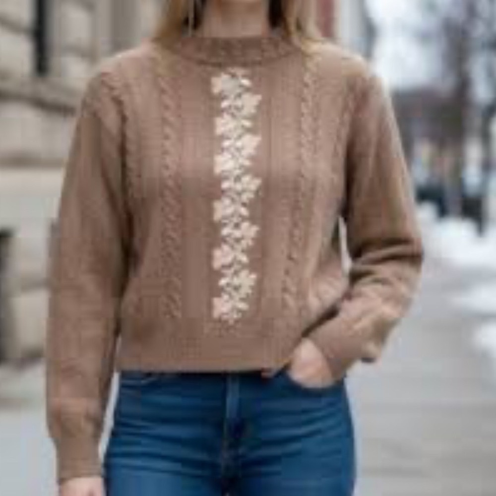 VTG Liz Claiborne L Lambswool Cable Knit Mock Neck Sweater Tan Embroider Floral